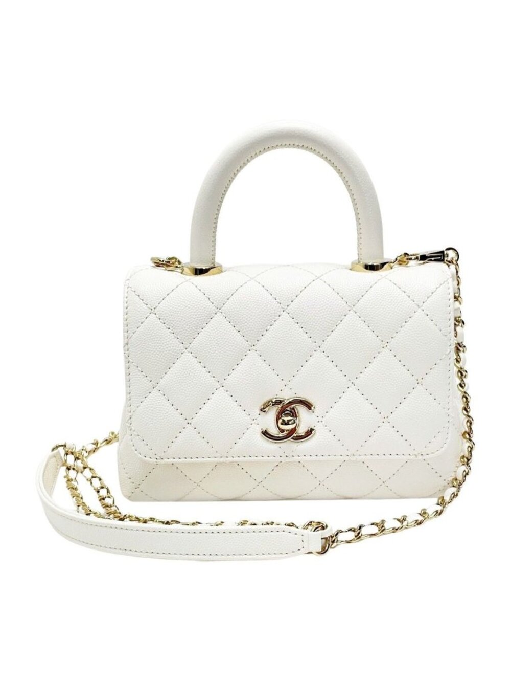 Chanel Coco Handle As2215 White 2-Way Bag Quilted Caviar Leather